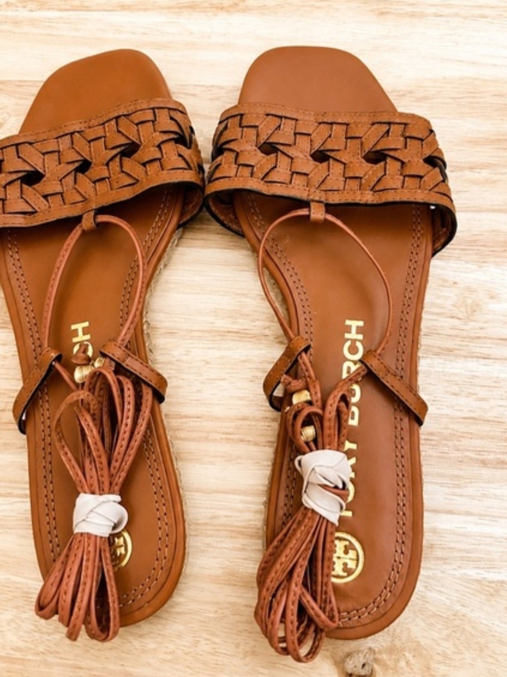 Tory Burch Basketweave Lace-Up Women's Sandals in Cognac - Picture 2 of 15